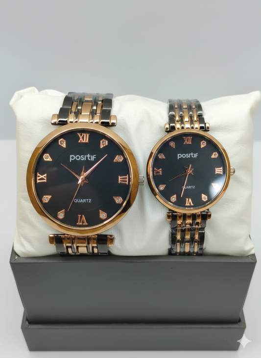 Black & Rose Gold Couple Watch Set – Luxury Analog Wristwatch Gift Set