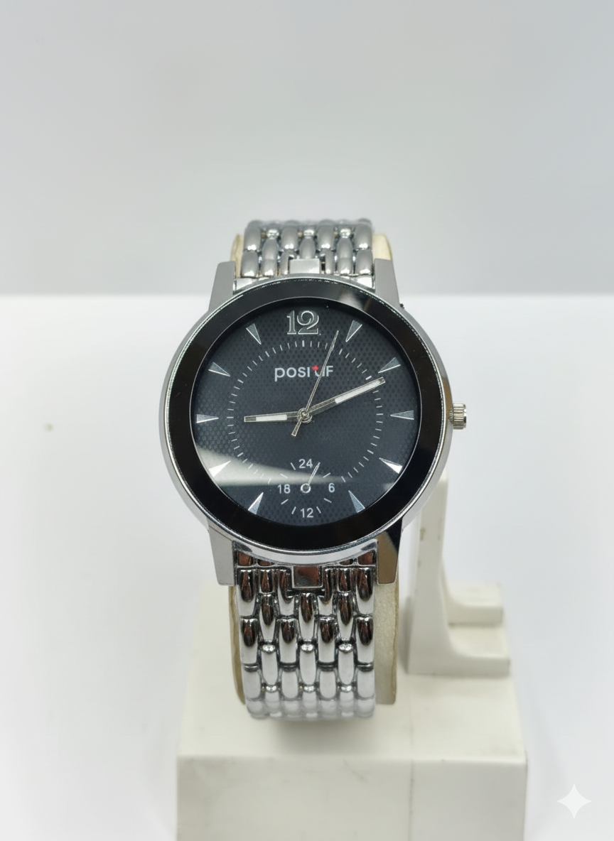 POSIF Black Dial Analog Watch – Elegant Silver Bracelet Wrist Watch