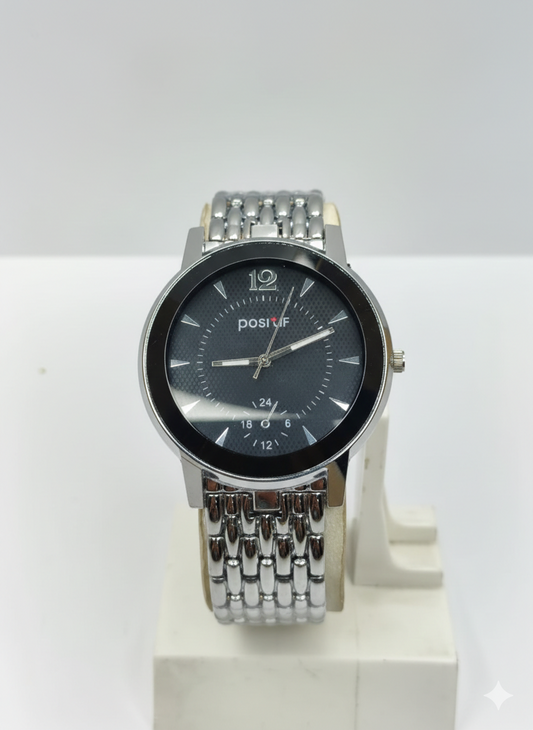 POSIF Black Dial Analog Watch – Elegant Silver Bracelet Wrist Watch
