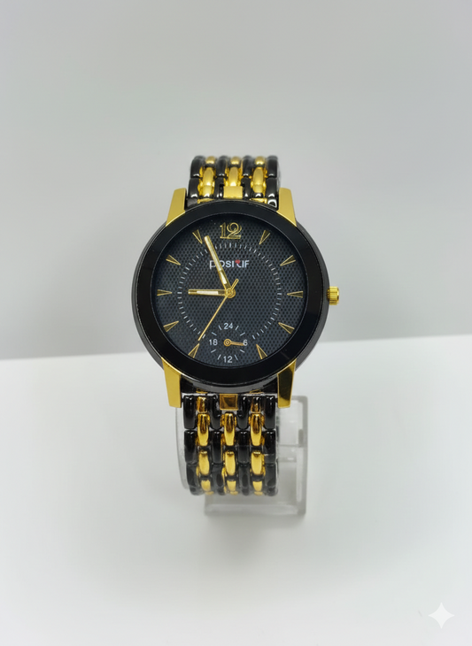Black & Gold Luxury Watch – Analog Wristwatch with 24-Hour Subdial