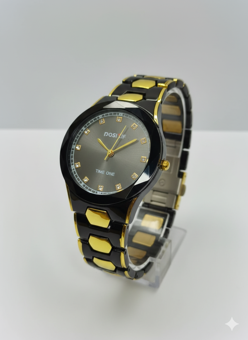 POSHIF Black & Gold Luxury Analog Watch – Diamond Accent Dial