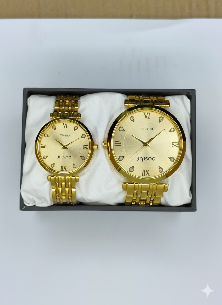 Positif Gold Quartz Couple Watch Set – Matching His & Hers