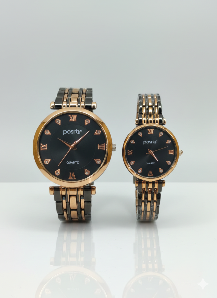 Black & Rose Gold Couple Watch Set – Luxury Analog Wristwatch Gift Set