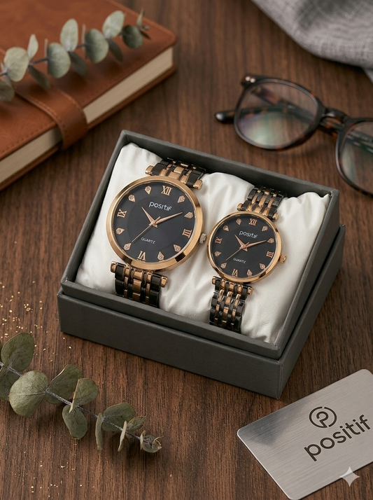 Black & Rose Gold Couple Watch Set – Luxury Analog Wristwatch Gift Set