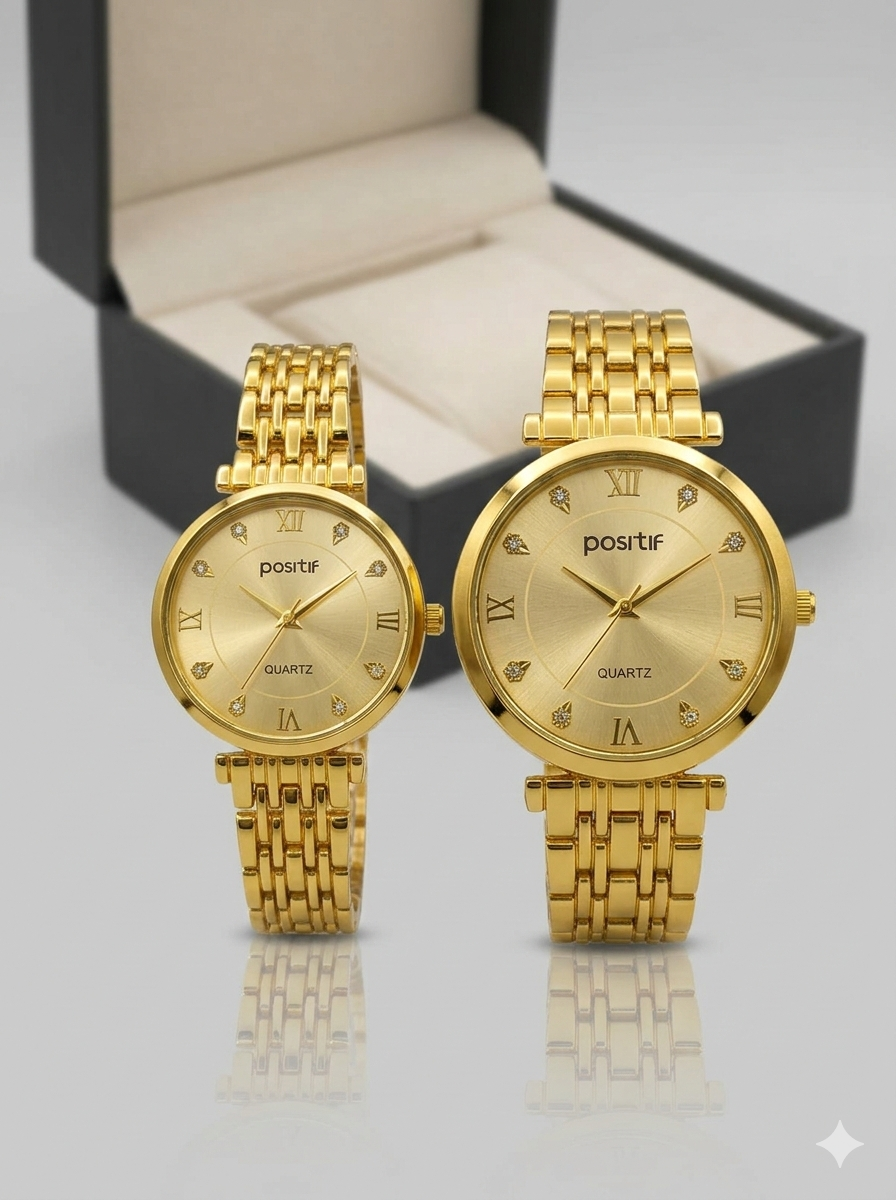 Positif Gold Quartz Couple Watch Set – Matching His & Hers
