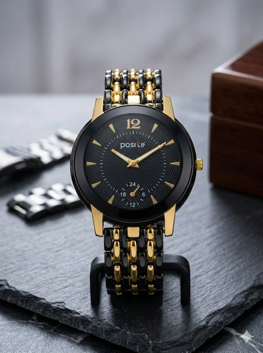 Black & Gold Luxury Watch – Analog Wristwatch with 24-Hour Subdial