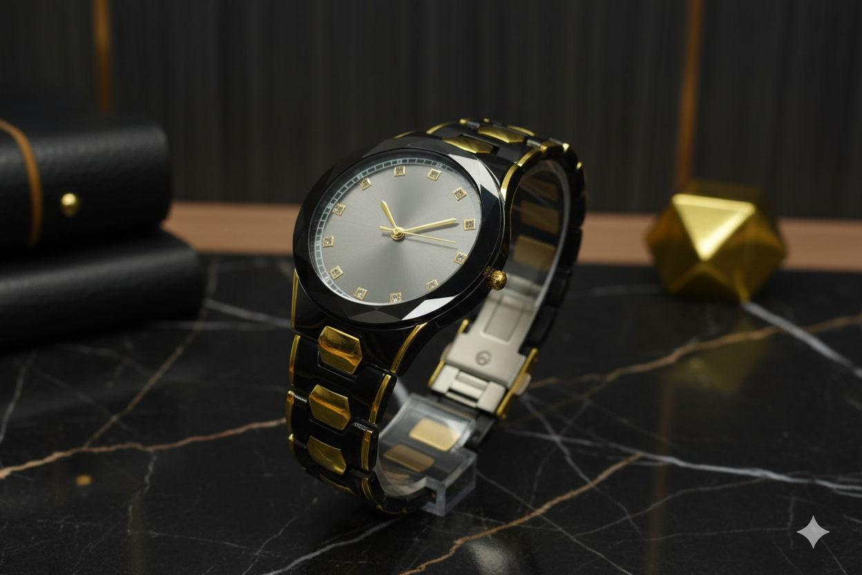 POSHIF Black & Gold Luxury Analog Watch – Diamond Accent Dial